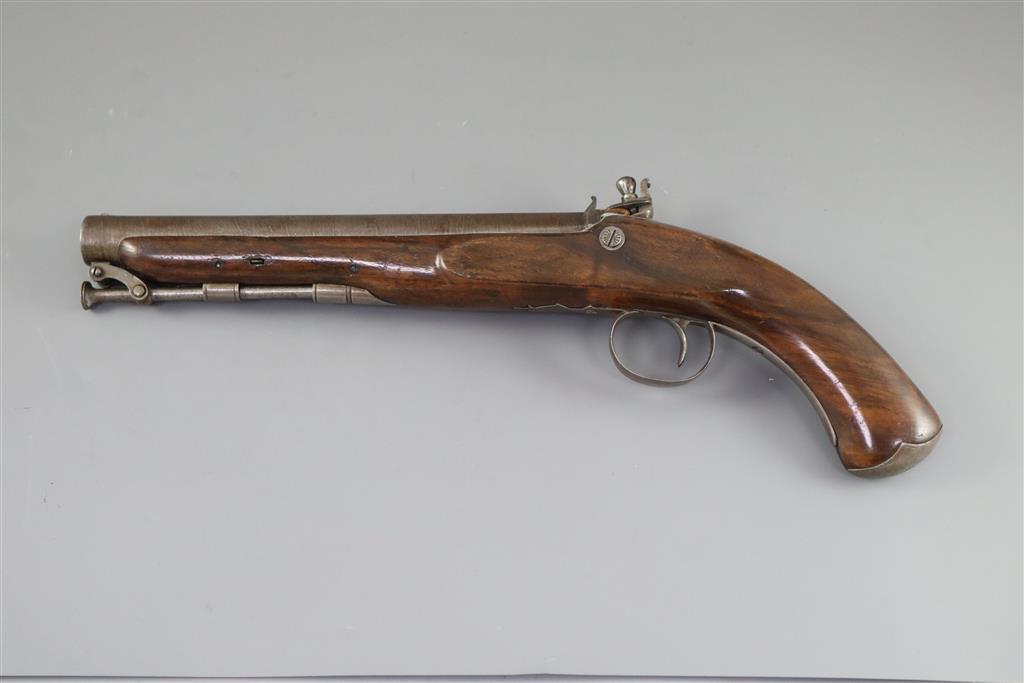 An early 19th century flintlock holster pistol, signed Prosser, length 15in.